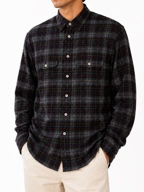 PURPLE-BRAND | 100% Wool Button Down Flannel Plaid Shirt Large